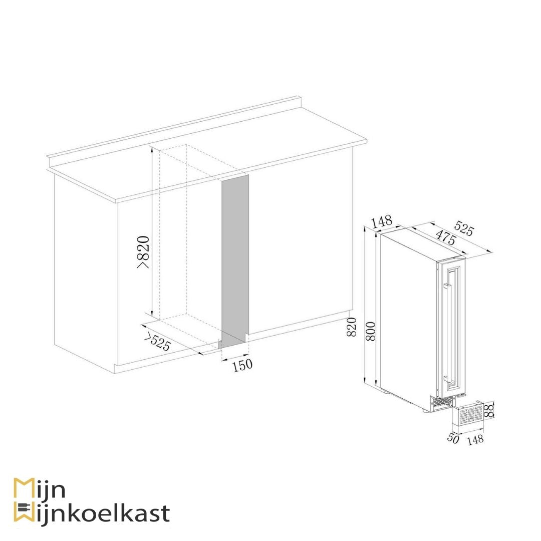 Inbouwtekening Temptech Wijnklimaatkast